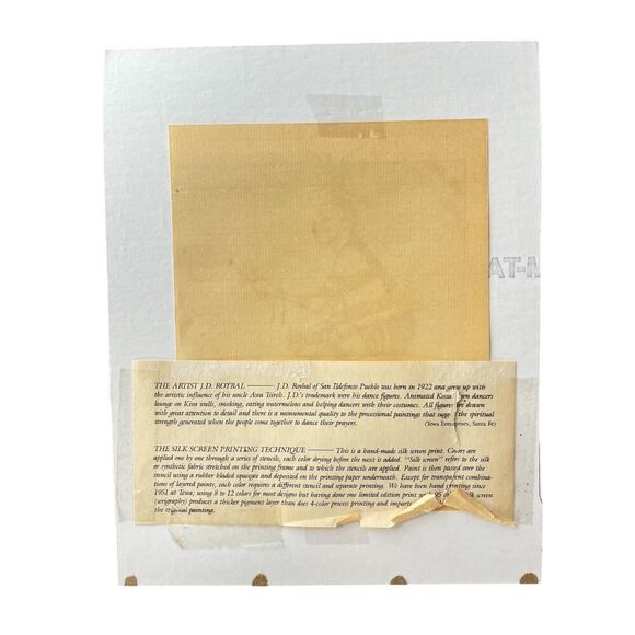 J D Roybal Pueblo Dancer Handmade “Silk Screen” Print 5 1-4”x 5 3/4” Mat - Picture 3 of 3